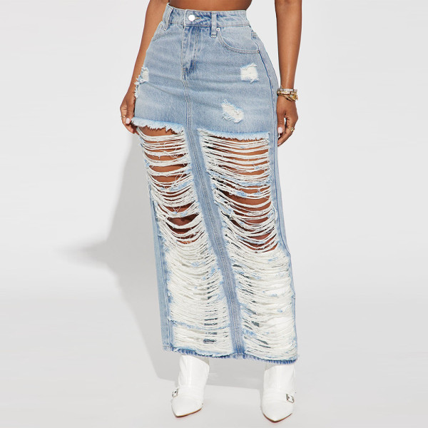 Personalized denim wash pocket split tassel skirt