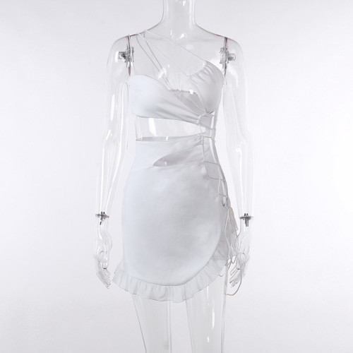 Irregular and sexy hollow out ruffled dress with straps