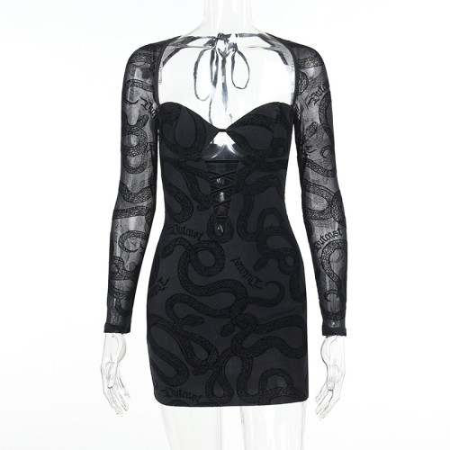 Lace Long Sleeve Sexy Hollow Flocking Printed Dress