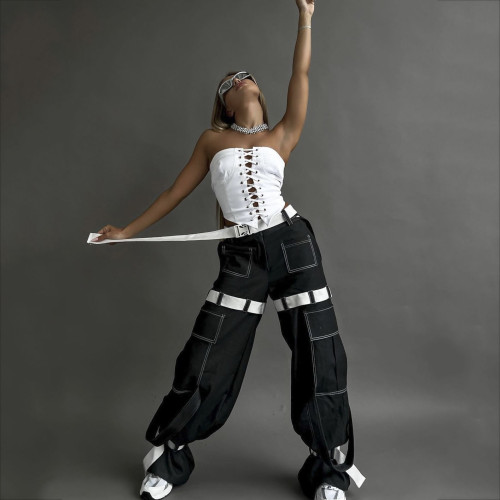 Contrast color waistband loose casual workwear pants with multiple pockets, straight tube, and hanging feeling wide leg pants