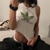 Knitted Spicy Girl Tank Top with Clover Print Short Cropped Top