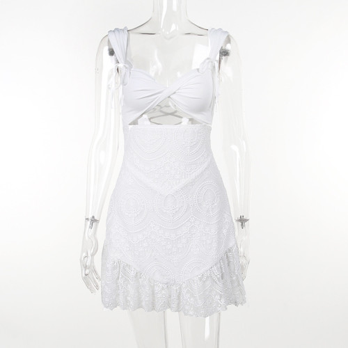 Sexy Strap Waist Slim Fit Open Back Embroidered Lace Dress