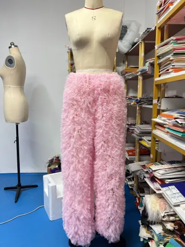 Slim pants with fur stitching, loose and draping, straight leg pants