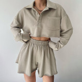 Simple casual slim fitting Polo neck sweater shorts set