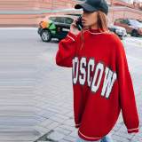 Round neck contrasting letter sweater loose shoulder long sleeved top for women's clothing
