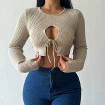 Knitted basic round neck hollowed out long sleeved top
