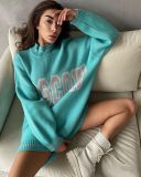 Round neck contrasting letter sweater loose shoulder long sleeved top for women's clothing