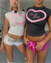 Love stitching embroidery short top with exposed navel T-shirt