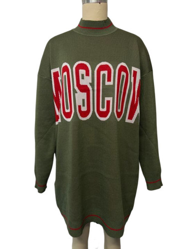 Round neck contrasting letter sweater loose shoulder long sleeved top for women's clothing