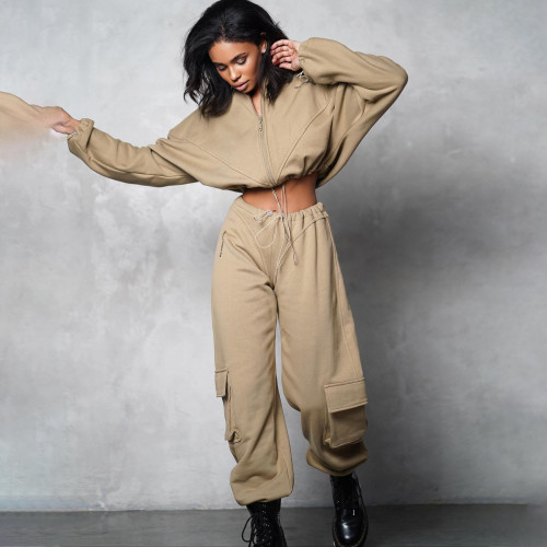 Spicy Girls Set Short Open Umbilical Drawstring Zipper Top Low Waist Straight Trousers Fashion Two Piece Set