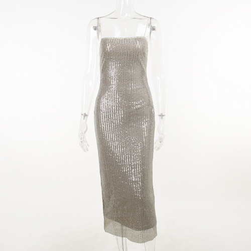 Women's knitted bra long dress slim fitting sleeveless casual bead strap dress