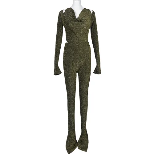 Women's long pants, open waist, long sleeves, golden silk, sexy two-piece set