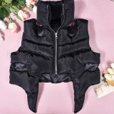 Punk style cotton shirt stand neck zipper sleeveless cotton filled short jacket
