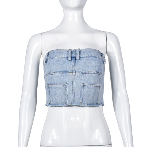 Bra wrap ultra short zipper denim women's top