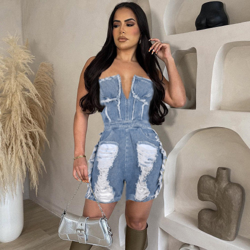 Sexy hollow and torn zipper short chest wrapped denim jumpsuit