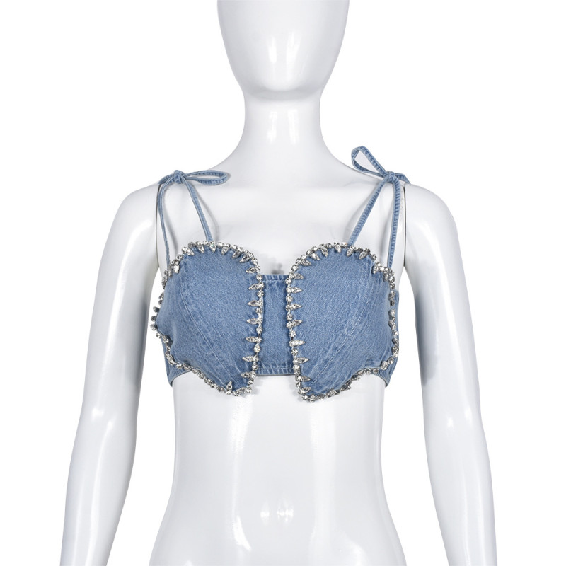 Wrapped chest strap with diamond bra denim women's top