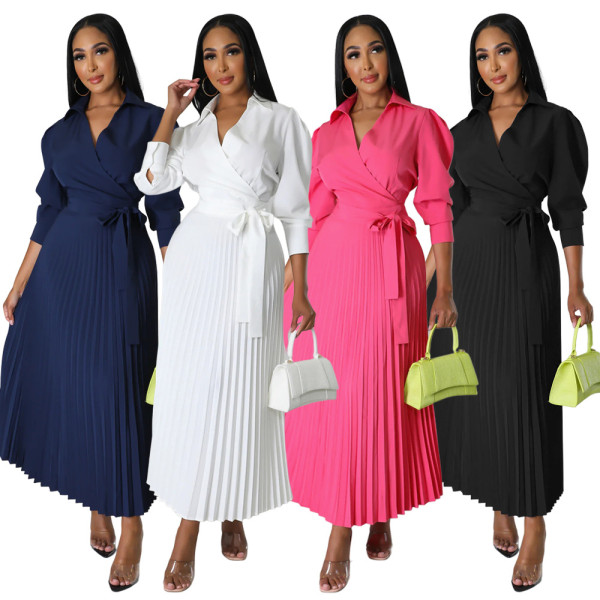Long sleeved Polo neck high waisted pleated women's dress
