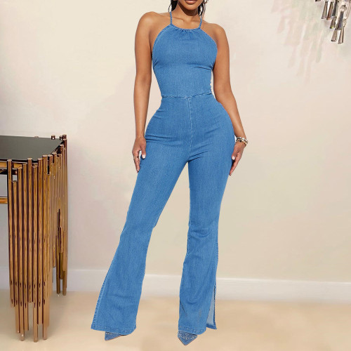 Sexy Backless Lace up Split Washed Denim jumpsuit