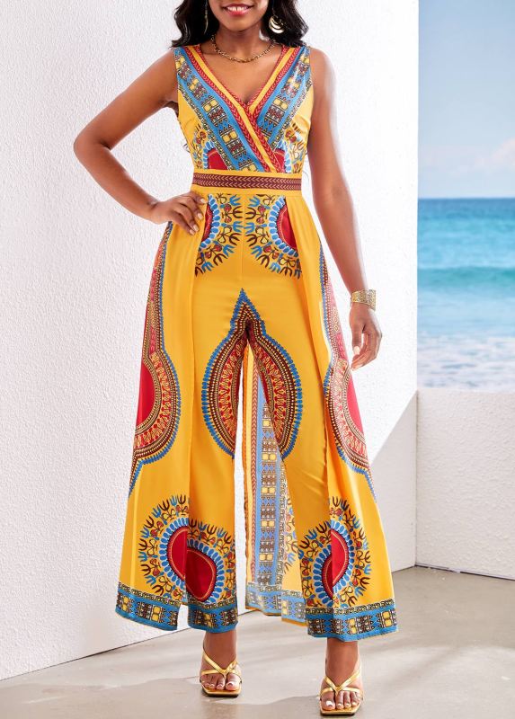 Sexy and fashionable digital printed V-neck women's jumpsuit