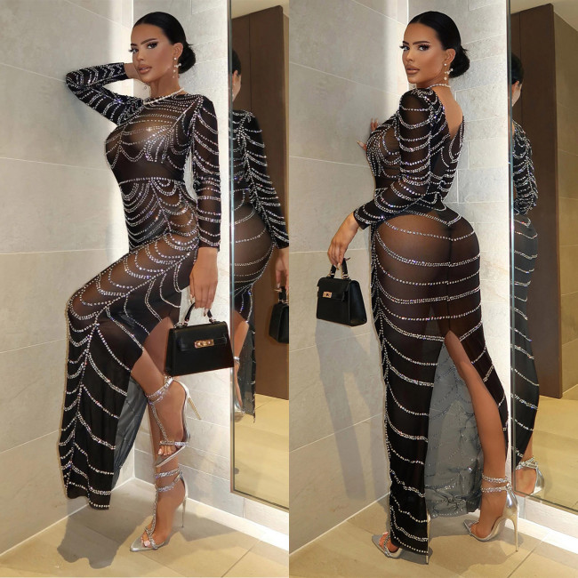 Women's sexy tight fitting long sleeved slim fitting hot diamond dress