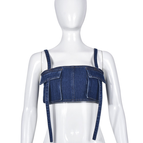 Open navel pocket zippered denim strap top