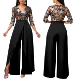 Sexy and fashionable solid V-neck women's jumpsuit