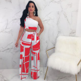 Fashion Pattern Printing Women One Shoulder Tops with Loosed Pants 2 Pcs Set SQ6002