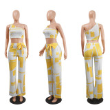 Fashion Pattern Printing Women One Shoulder Tops with Loosed Pants 2 Pcs Set SQ6002