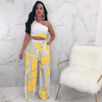 Fashion Pattern Printing Women One Shoulder Tops with Loosed Pants 2 Pcs Set SQ6002