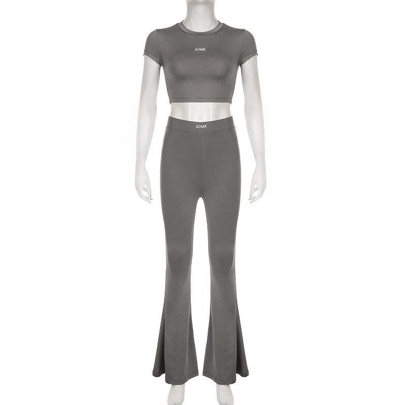 Basic solid color minimalist pullover with exposed navel T-shirt, high waisted micro flared pants, casual sports yoga two-piece set