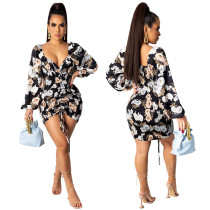 Women's pleated long sleeved tied print dress