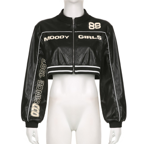 Letter stitching color contrast round neck zipper loose long sleeved short cardigan PU leather jacket