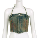 Washable Tie Dyed Zipper Button Tight Irregular Wrap Chest Hanging Neck Sexy Spicy Girl Wearing Denim Sling