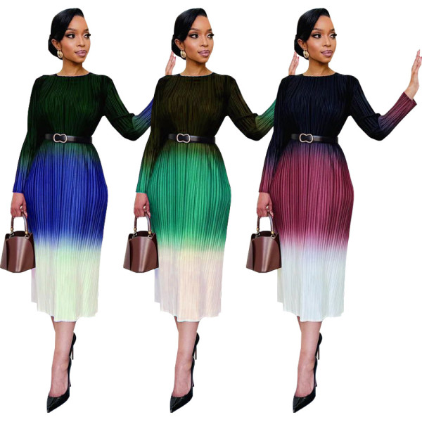 Gradient positioning printed long sleeved pleated dress