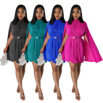 Solid color pleated shawl sleeve dress