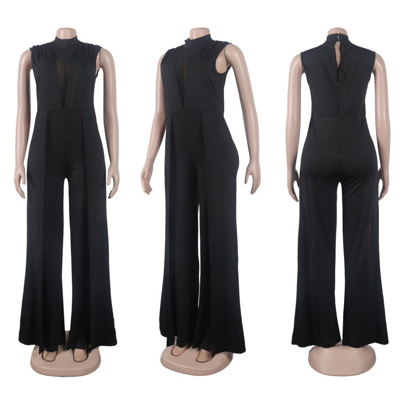 Sexy mesh stitching with perspective wide leg open back jumpsuit