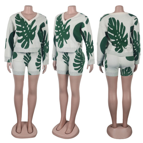 Slim Fit Sexy Colorful Leaf V-Neck Pullover Long Sleeve Sweater Set Two Piece Set