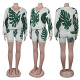Slim Fit Sexy Colorful Leaf V-Neck Pullover Long Sleeve Sweater Set Two Piece Set