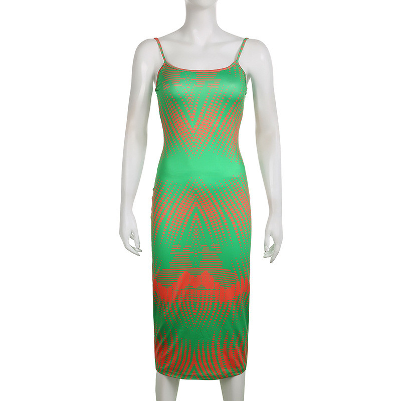 Tie dyed gradient contrast printed U-neck sleeveless tight fitting buttocks sexy basic simple strap long dress