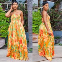 Sexy Slim Fit Print Wrap Bra Sweeping Loose Wide Leg Jumpsuit