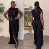 Sexy mesh stitching with perspective wide leg open back jumpsuit