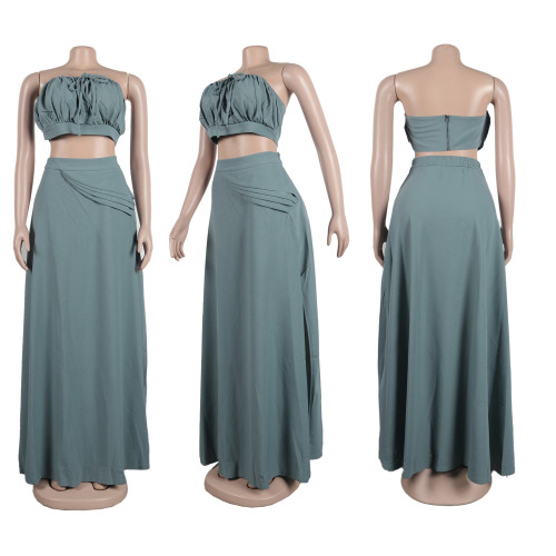Sexy Wrapped Chest Sleeveless Bra Split Long Dress Two Piece Set