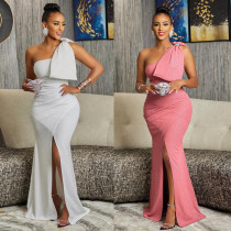 Sexy Slim Fit Solid Color Powdered Hot Diamond Split Floor Dragging Bow Tie Dress