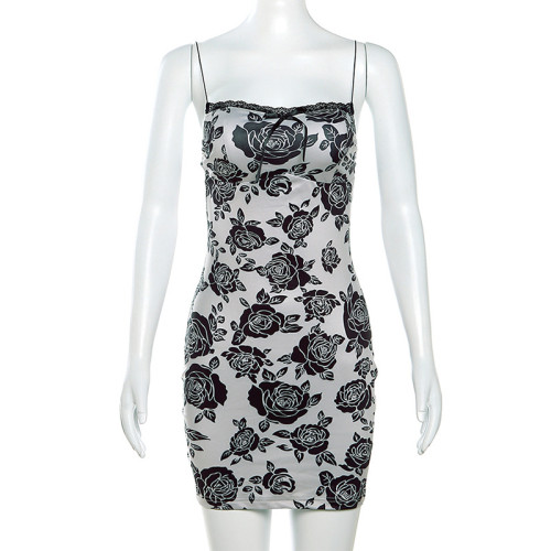 Women's Fashion Open Back Strap Slim Fit Retro Print Wrap Hip Dress