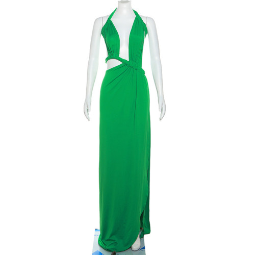 Women's Fashion Sexy Hanging Neck Hollow Back Slim Fit Split Dress