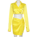 Women's lapel long sleeved short suit jacket slim fitting high waisted skirt set