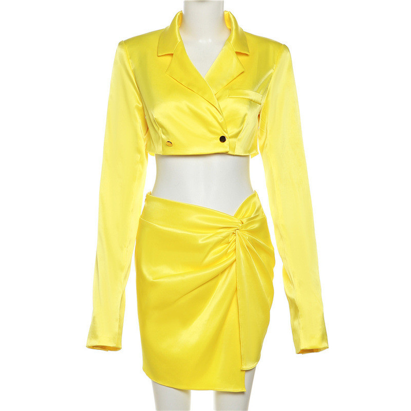 Women's lapel long sleeved short suit jacket slim fitting high waisted skirt set