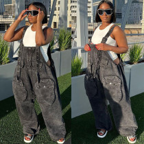 Large Pocket Wide Leg Pants Loose Strap Jeans