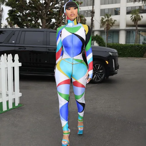 Women's fashion printed long sleeved hooded slim fitting casual leggings jumpsuit