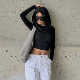 Hooded pile up collar pleated T-shirt for women's slim fitting long sleeved navel exposed solid color basic short top